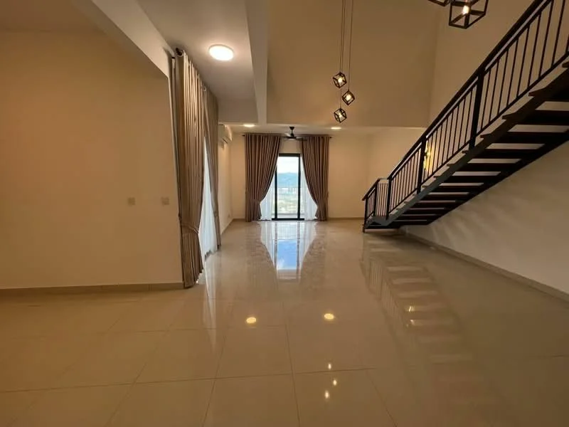 Living features: polished ceramic tile flooring, white painted walls, high ceiling, 5-blade ceiling fan, recessed downlights, floor-to-ceiling windows, sliding glass door, sheer curtains, hanging pendant lights, open layout, staircase with metal railing; style: modern; view: city.