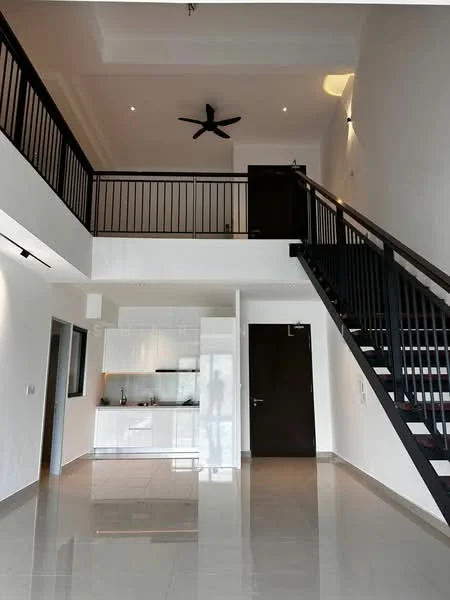 Living features: white painted walls, polished tile flooring, 5-blade ceiling fan with light, staircase with black railing, open layout, kitchen area with white cabinetry, kitchen countertop, recessed downlights; style: modern.