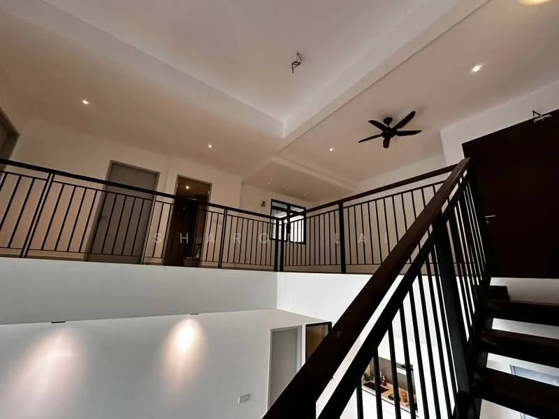 Room features: metal railing, staircase with wooden steps, recessed downlights, ceiling fan, white painted walls, open space, large windows, wooden door; style: modern.