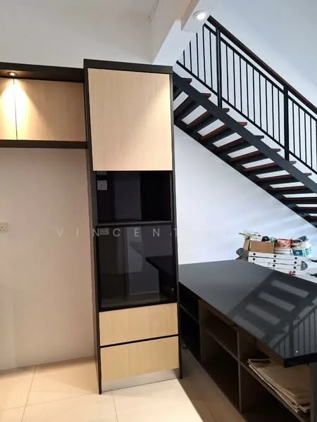 Room features: wood cabinetry with light wood finish, black countertop, open shelving, staircase with black railing, white walls, tile flooring, built-in storage unit, recessed lighting; style: modern.