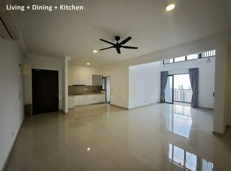 Living features: glossy ceramic tile flooring, white painted walls, 5-blade ceiling fan with light, floor-to-ceiling windows, sliding glass door, curtains, open layout to kitchen, recessed downlights, wall-mounted air conditioning unit; style: modern; view: city. Kitchen features: white cabinetry, granite countertop, stainless-steel sink, built-in oven, freestanding range oven, microwave, refrigerator, open shelving, tile backsplash; style: modern.