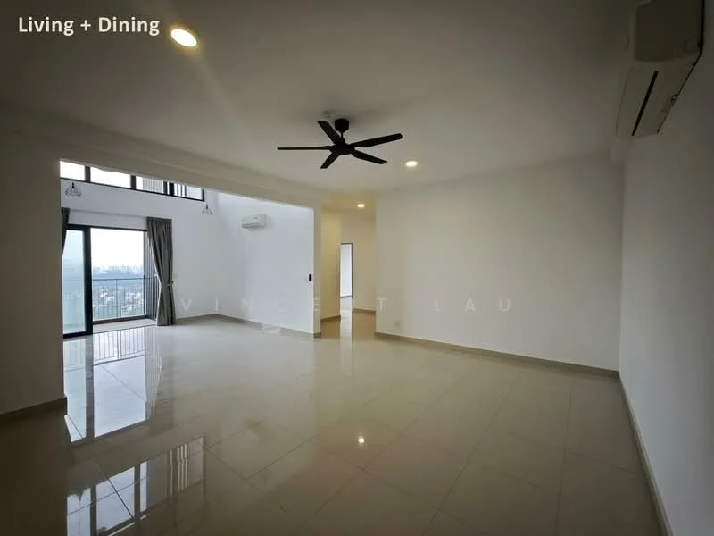 Living features: white painted walls, polished ceramic tile flooring, 5-blade ceiling fan with light, floor-to-ceiling windows, sliding glass door, curtains, air conditioning unit, recessed downlights; style: modern; view: city.