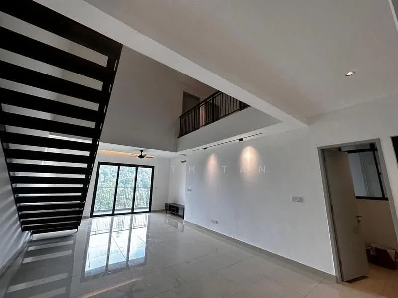 Living features: white painted walls, polished tile flooring, 5-blade ceiling fan with light, floor-to-ceiling windows, sliding glass door, balcony access, recessed downlights, open layout, staircase with metal railing; style: modern; view: garden. Room features: white painted walls, door leading to another room.