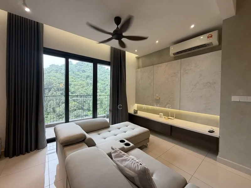 Living features: 3-seater sectional sofa in light grey, floor-to-ceiling windows, blackout curtains, wall-mounted TV console, recessed LED downlights, ceiling fan with light, light-coloured wall panels, neutral tiled flooring, view of greenery; style: modern; view: mountain.