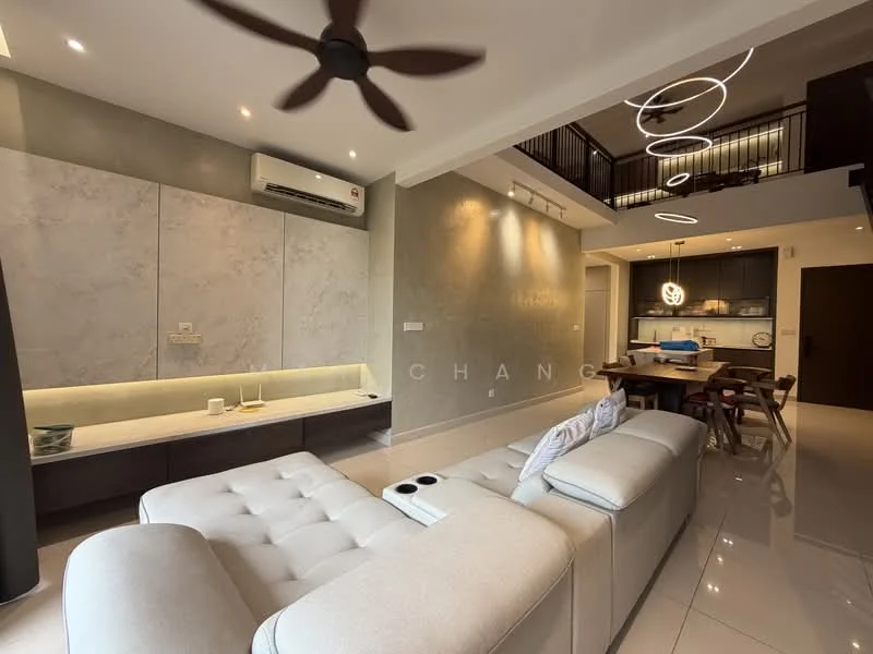 Living features: 5-blade ceiling fan with light, grey accent wall, white painted walls, recessed downlights, sofa in light beige, coffee table, TV console, wall-mounted TV, decorative wall art, open-plan layout to dining area, marble tile flooring, built-in cabinetry, floor-to-ceiling windows; style: modern. Dining features: dining table, upholstered dining chairs, pendant lighting, open-plan layout to living area; style: modern.