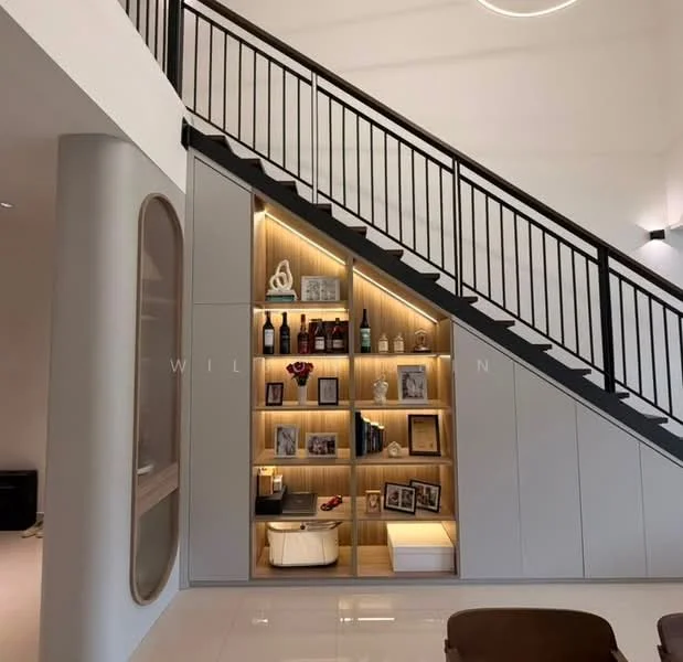 Room features: staircase with black metal railing, built-in shelving under staircase, wooden shelves with backlighting, decorative items on shelves, framed photographs, white walls, glossy tile flooring, modern light fixture; style: modern.
