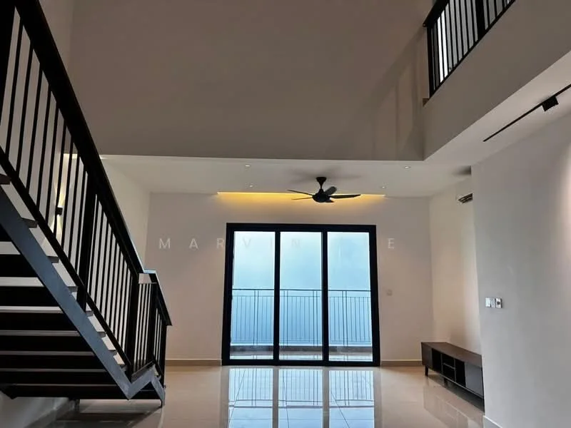 Living features: white painted walls, polished tile flooring, 5-blade ceiling fan with light, floor-to-ceiling sliding glass door, black metal railing, built-in TV console, recessed downlights, high ceiling; style: modern; view: city.