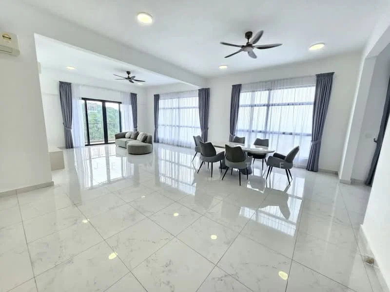 Living features: white painted walls, marble tile flooring, 5-blade ceiling fan with light, floor-to-ceiling windows, sheer curtains, grey upholstered sofa, round dining table, upholstered dining chairs, recessed downlights; style: modern; view: garden.