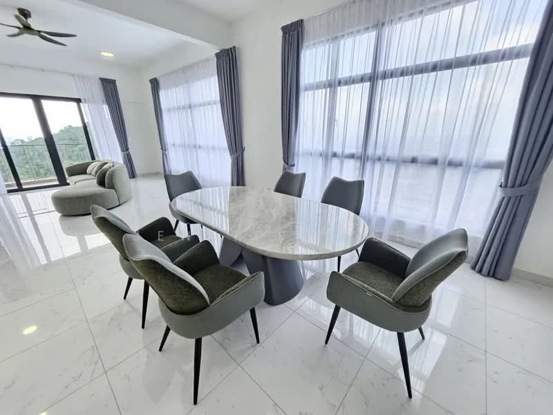 Dining features: round marble dining table, 6 upholstered dining chairs in grey, floor-to-ceiling windows, sheer curtains, grey accent wall, polished marble flooring, 5-blade ceiling fan with light, decorative wall sconces; style: modern; view: city. Living features: curved fabric sofa in light grey, area rug, floor-to-ceiling windows, sheer curtains, polished marble flooring; style: modern; view: city.