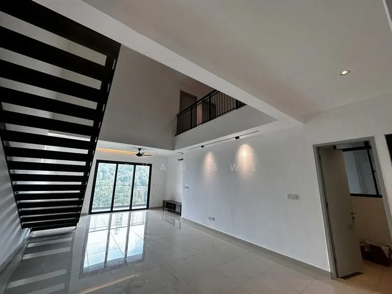Living features: white painted walls, polished tile flooring, 5-blade ceiling fan, large windows with view, open layout, staircase with metal railing, recessed downlights, sliding glass door leading to balcony; style: modern; view: garden. Room features: white painted walls, doorway leading to another room.