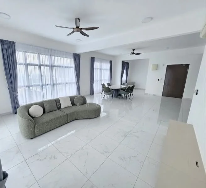 Living features: 3-seater fabric sofa in grey, marble tile flooring, white painted walls, tray ceiling, 2 ceiling fans, floor-to-ceiling windows, sheer curtains, dining table with chairs, decorative wall panel, light-colored sideboard; style: modern.