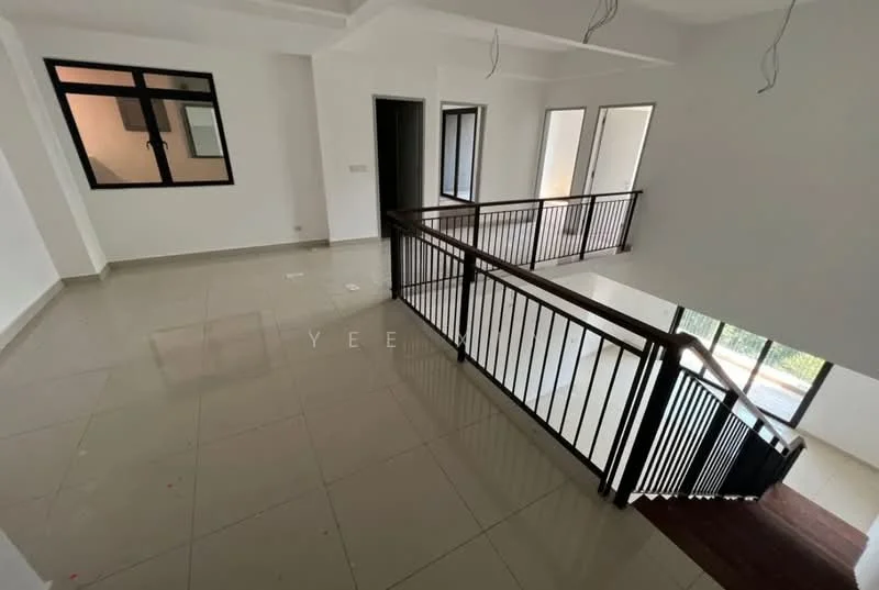 Room features: white painted walls, tile flooring, wooden railing, large windows, staircase, open layout, high ceiling, natural light; style: modern; view: garden.