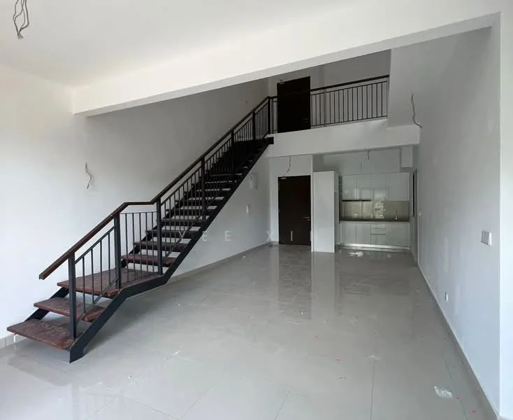 Living features: white painted walls, grey tiled flooring, staircase with wooden steps and metal railing, open layout, high ceiling, recessed lighting, no visible furniture, large windows, kitchen area visible in background; style: modern.