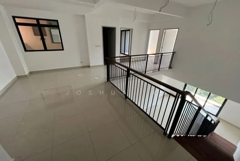 Room features: white painted walls, tile flooring, wooden railing, large windows, double-height ceiling, open layout, staircase, natural light; style: modern; view: garden.
