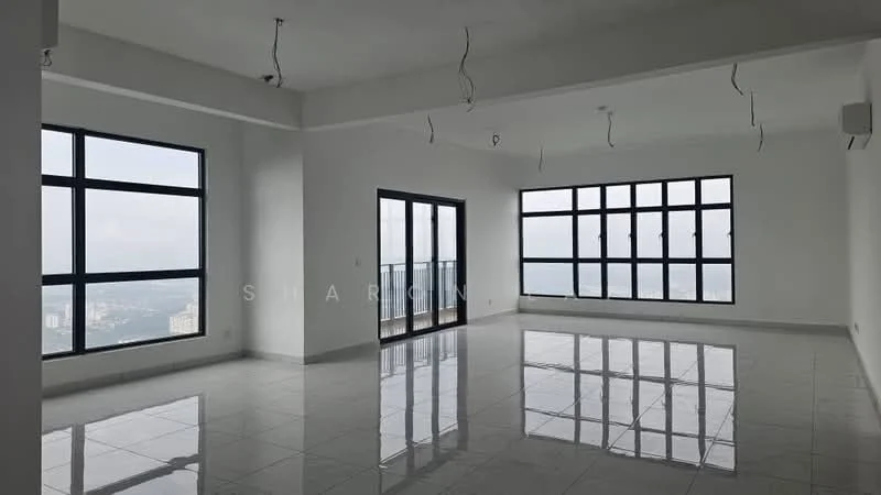 Room features: white painted walls, glossy ceramic tile flooring, floor-to-ceiling windows, multiple windows with black frames, sliding glass door, exposed ceiling with hanging light fixtures, central air conditioning unit, open layout; style: modern; view: city.