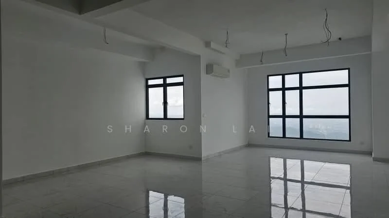 Room features: white painted walls, polished marble flooring, floor-to-ceiling windows, 2 windows with black frames, exposed ceiling with electrical wiring, 1 wall-mounted split AC; style: modern; view: city.