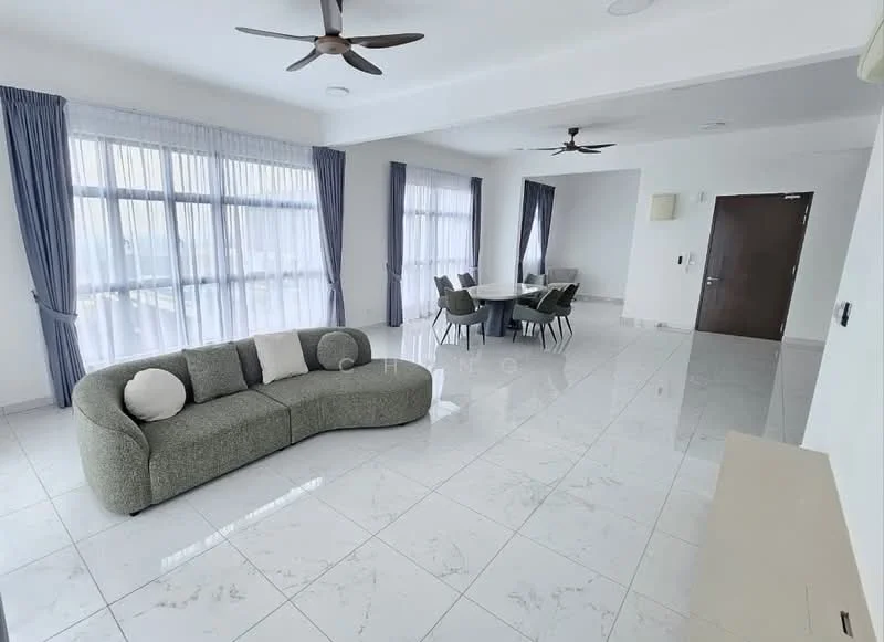Living features: 3-seater curved fabric sofa in green, marble tile flooring, floor-to-ceiling windows with sheer curtains, 2 ceiling fans, dining table with 6 chairs, wall-mounted TV, decorative wall panel, neutral painted walls; style: modern.