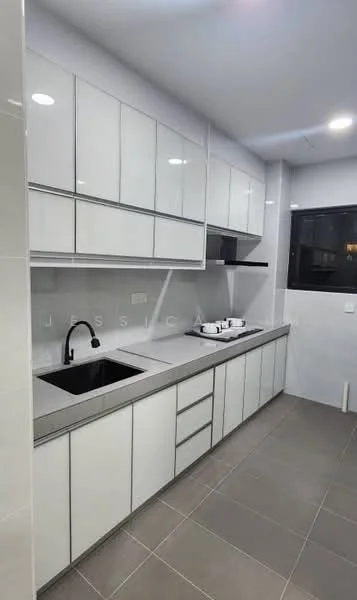 Kitchen features: white flat-panel cabinets, grey countertop, single-bowl stainless-steel sink, matte-black gooseneck faucet, built-in gas stove, black range hood, ceramic tile backsplash, grey ceramic tile flooring, recessed LED downlights, floor-to-ceiling cabinets, window with black frame; style: modern.