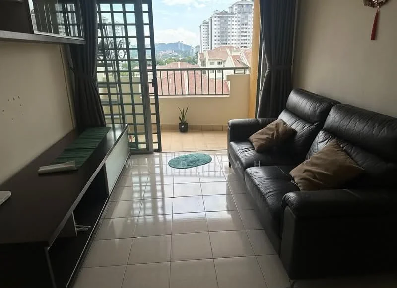 Living features: black leather sofa, two decorative cushions, glass coffee table, TV console with storage, tiled flooring, floor-to-ceiling windows, curtains, green area rug, potted plant, balcony door; style: modern; view: city.