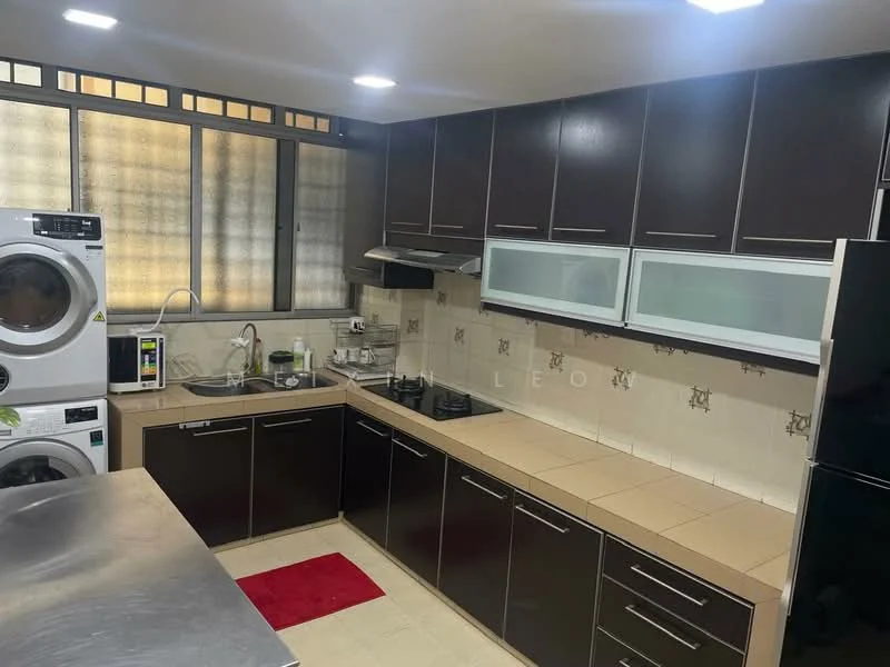 Kitchen features: dark wood cabinetry, white countertop, stainless-steel sink, chrome pull-down faucet, 4-burner gas hob, built-in oven, microwave, washing machine, dryer, tile backsplash, cream tiled flooring, recessed LED downlights, large windows with grid pattern; style: modern.