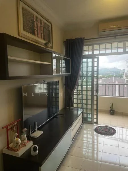 Living features: wall-mounted TV, black TV console with storage, light-colored tiled flooring, large sliding glass door, floor-to-ceiling windows, curtains, decorative wall art, small potted plant, area rug with circular pattern, air conditioning unit; style: modern; view: city.