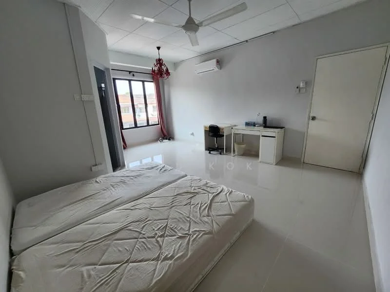 Bedroom features: white painted walls, glossy white tile flooring, ceiling fan, floor-to-ceiling windows, blackout curtains, two single beds, study desk, office chair, air conditioning unit; style: modern; view: city.