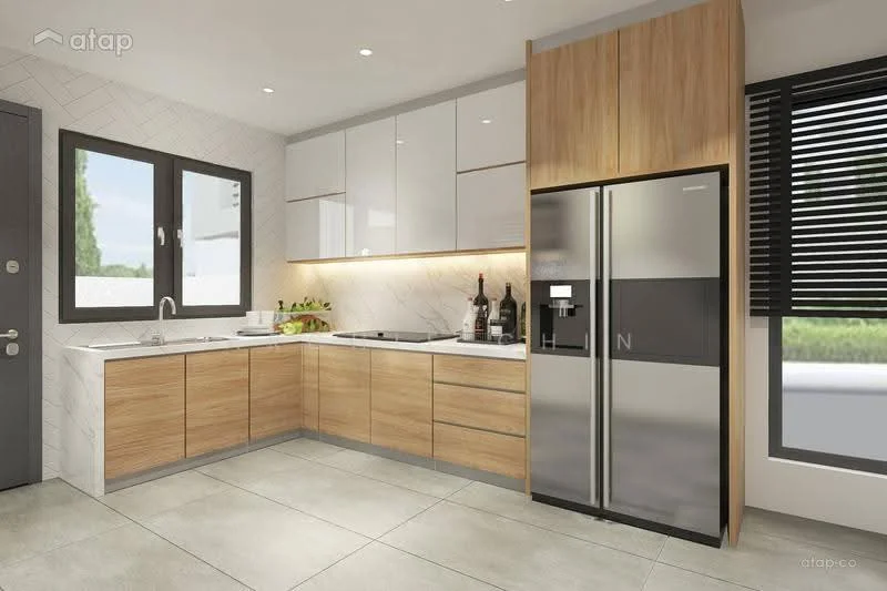 Kitchen features: L-shaped kitchen layout, white upper cabinets with glossy finish, wooden lower cabinets with natural finish, stainless-steel fridge, built-in oven, 4-burner gas hob, single-bowl stainless-steel sink, chrome pull-down faucet, white tiled backsplash, grey tile flooring, recessed downlights, large window with black frame, roller blinds; style: modern; view: garden.