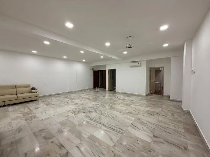 Living features: marble tile flooring, white painted walls, recessed downlights, ceiling-mounted air conditioning unit, sliding door to hallway, open layout, large space, neutral color scheme; style: modern.
