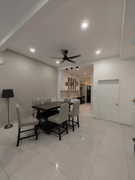 Dining features: 6-seater dining table, upholstered dining chairs, white walls, recessed downlights, 5-blade ceiling fan, tile flooring, decorative wall clock, door leading to another room, floor-to-ceiling windows, lampshade floor lamp; style: modern.