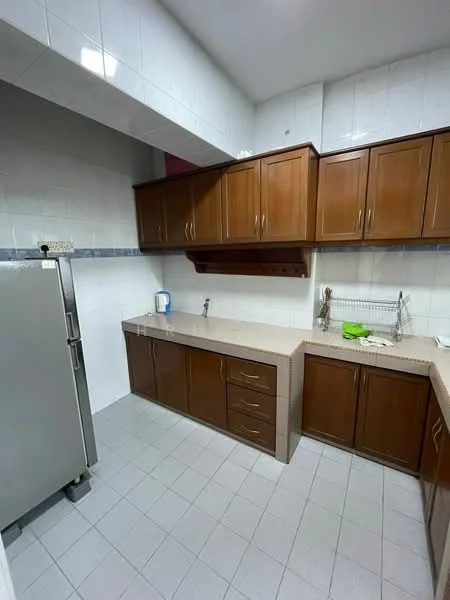 Kitchen features: brown wooden cabinetry, light-colored countertop, stainless-steel fridge, single-bowl stainless-steel sink, chrome faucet, wall-mounted shelf, tile backsplash, white tiled walls, grey tiled flooring; style: modern.