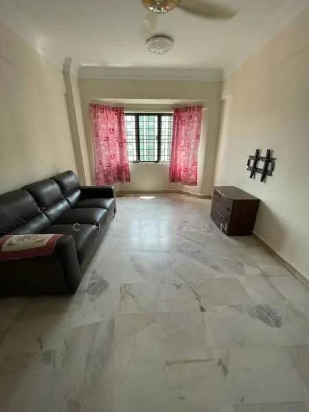 Living features: 3-seater leather sofa in dark brown, marble flooring, white painted walls, ceiling fan, window with black grille, red sheer curtains, wooden dresser, wall-mounted TV console; style: modern.