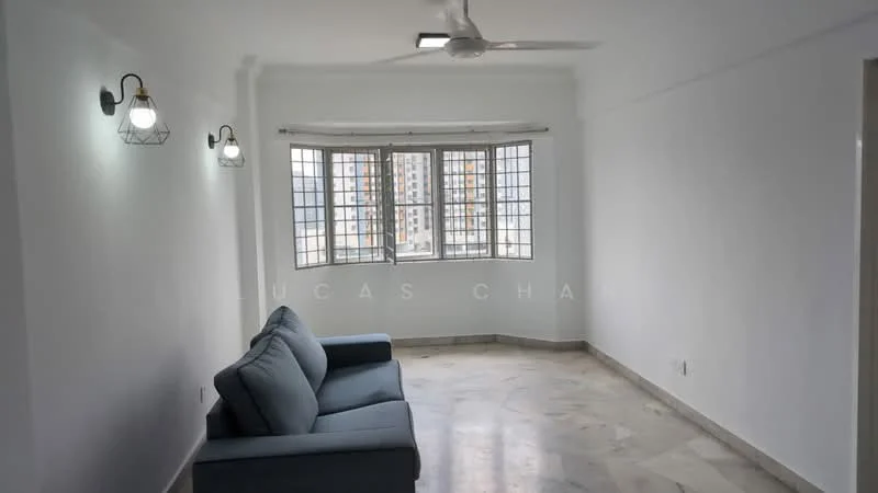 Living features: white painted walls, marble flooring, 5-blade ceiling fan, 3-seater fabric sofa in grey, floor-to-ceiling windows, curved window design, natural light, wall-mounted sconces; style: modern; view: city.