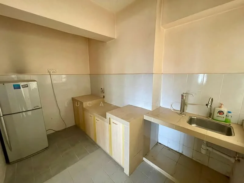 Kitchen features: white tiled walls, light grey floor tiles, single-bowl stainless-steel sink, chrome faucet, wooden cabinetry with light finish, stainless-steel fridge, countertop with space for appliances, wall-mounted electrical outlets; style: modern.
