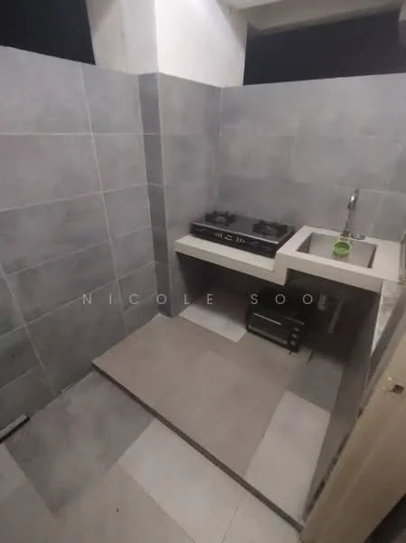 Kitchen features: grey ceramic tile walls, light grey ceramic tile flooring, white countertop, single-bowl stainless-steel sink, chrome pull-down faucet, 2-burner gas hob, built-in cabinetry, open shelving; style: modern.