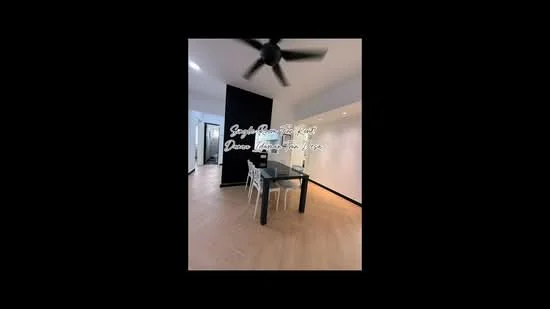 Dining features: glass dining table, 4 transparent chairs, black accent wall, light wood flooring, ceiling fan, recessed lighting, neutral wall color, open layout to adjacent room; style: modern.