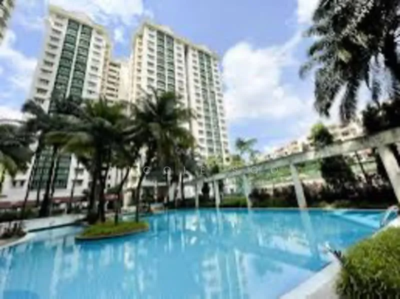 Exterior type: high-rise condominium; features: infinity pool, pool deck with loungers, tropical landscaping, palm trees, manicured lawn, glass curtain wall facade, multiple storeys, surrounded by greenery; style: modern.
