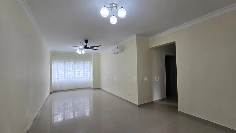 Living features: cream painted walls, polished ceramic tile flooring, 5-blade ceiling fan with light, recessed downlights, floor-to-ceiling windows with sheer curtains, wall-mounted split AC, crown moulding, open layout; style: modern.