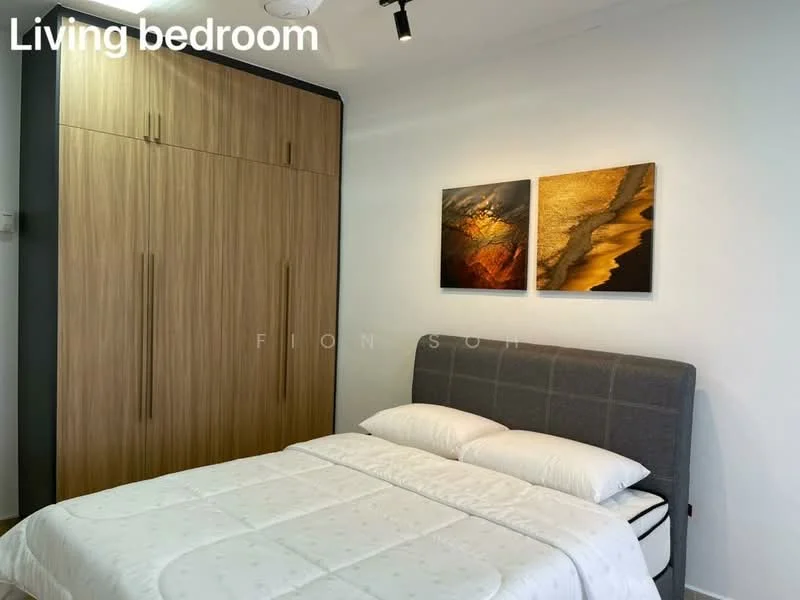 Bedroom features: queen-size bed with white bedding, upholstered grey headboard, wooden wardrobe with sliding doors, two framed artworks on the wall, recessed ceiling lights, white painted walls, laminate flooring, wall-mounted air conditioning unit; style: modern.