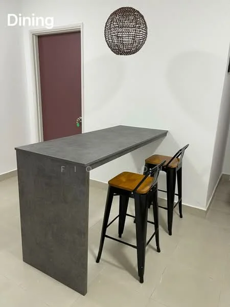 Dining features: grey stone countertop, two black metal bar stools, white painted walls, tile flooring, decorative pendant light, dark wood door, minimalist design; style: modern.