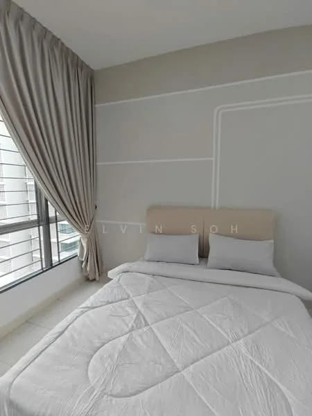 Bedroom features: king-size bed with upholstered headboard, two bedside pillows, white quilted bedspread, floor-to-ceiling windows, sheer curtains, grey accent wall, white painted walls, tile flooring, decorative wall lines; style: modern; view: city.