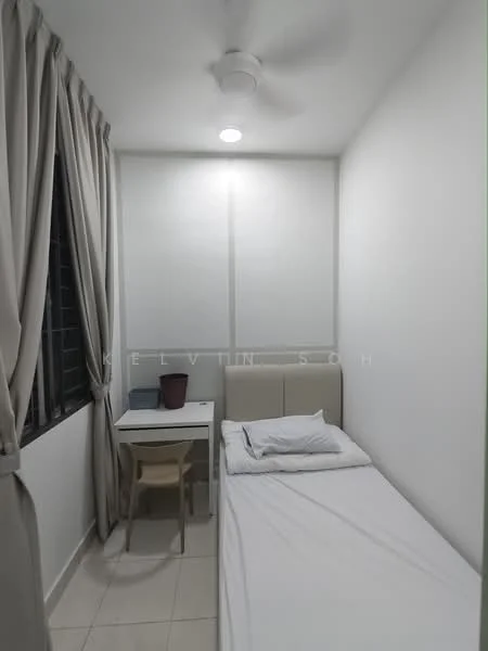 Bedroom features: single bed, upholstered headboard, white bedding, study desk, wooden chair, floor-to-ceiling window, sheer curtains, white painted walls, recessed downlights, ceiling fan, tile flooring; style: minimalist.