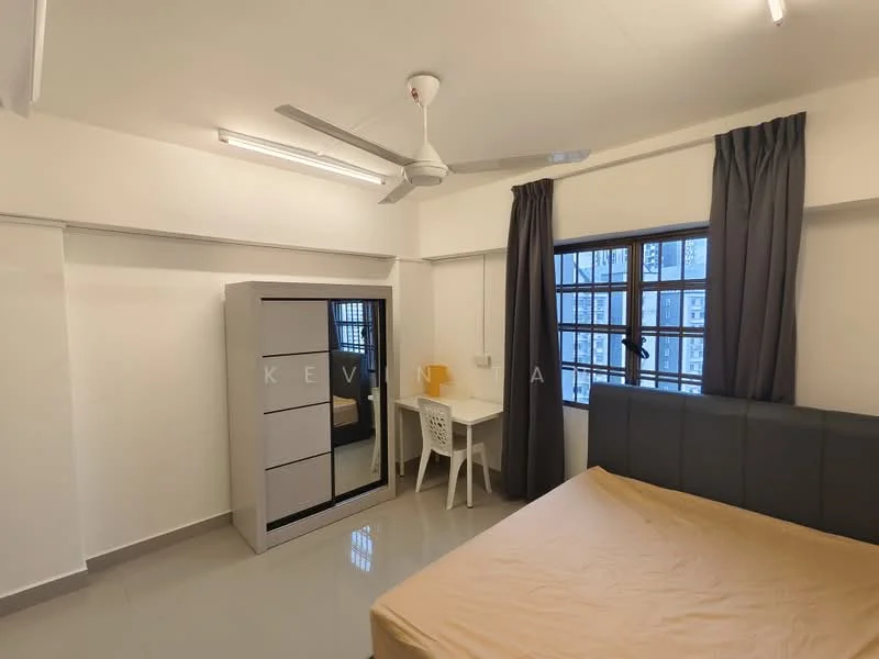 Bedroom features: queen-size bed with upholstered headboard, grey fabric bed frame, white bedside table, white study desk, white chair, built-in wardrobe with mirrored doors, ceiling fan, recessed LED downlights, grey curtains, white painted walls, glossy tile flooring; style: modern.