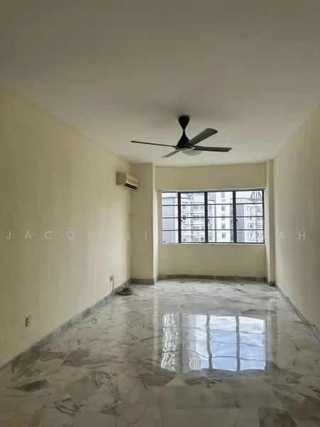 Room features: white painted walls, marble flooring, 5-blade ceiling fan, floor-to-ceiling windows, window treatments not visible, 1 wall-mounted split AC; view: city.