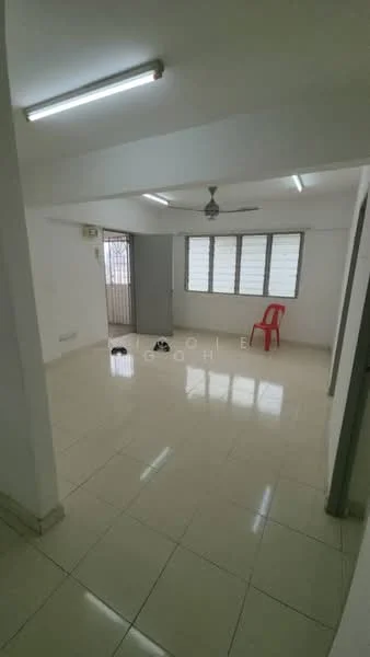 Room features: white painted walls, glossy ceramic tile flooring, ceiling with fluorescent lights, 1 ceiling fan, sliding glass door, window with horizontal blinds, empty space, red plastic chair, shoes on the floor; style: minimalist.