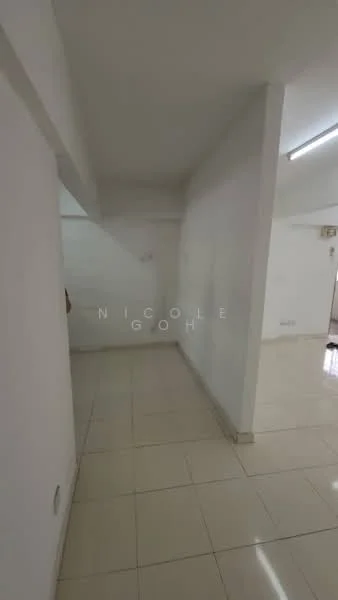 Room features: white painted walls, glossy ceramic tile flooring, recessed ceiling lights, open layout, no visible furniture, neutral color scheme; style: modern.