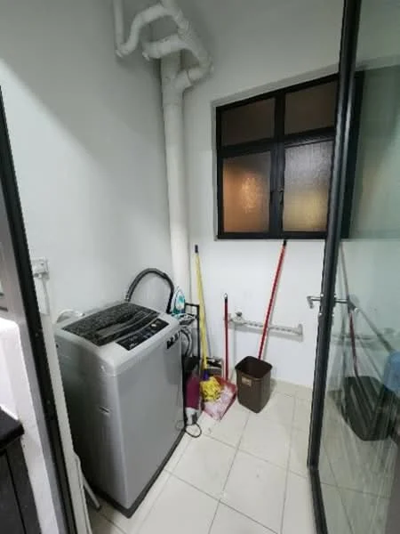 Laundry features: top-load washing machine, white tiled flooring, grey walls, window with frosted glass, plumbing fixtures, cleaning supplies, mop, bucket, broom, squeegee.