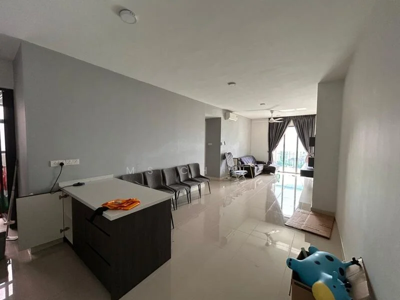 Living features: grey painted walls, glossy tile flooring, ceiling lights, 5-blade ceiling fan, large windows with curtains, sofa, coffee table, dining chairs, open layout, air conditioning unit; style: modern; view: city.