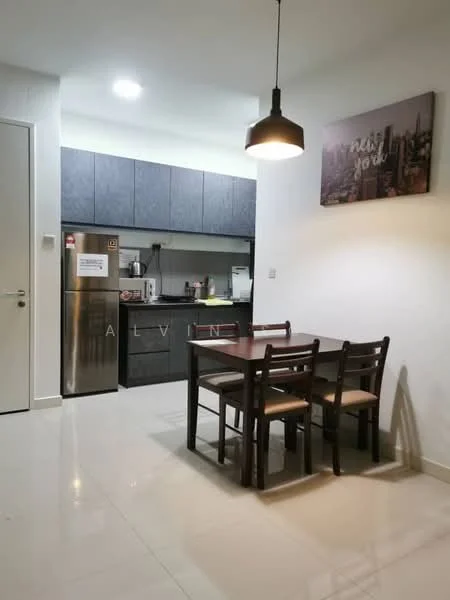 Dining features: 4-seater wooden dining table, brown wooden chairs, white walls, grey cabinetry, stainless-steel fridge, built-in microwave, freestanding range oven, white tiled flooring, pendant light fixture; style: modern. Kitchen features: grey cabinetry, stainless-steel fridge, built-in microwave, freestanding range oven, white tiled flooring; style: modern.