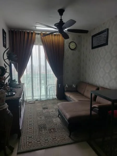Living features: 3-seater fabric sofa in brown, ceiling fan, floor-to-ceiling windows, sheer curtains, dark wood console table, decorative wall clock, wall-mounted artwork, area rug with geometric pattern, wooden flooring, accent wall with patterned wallpaper; style: modern; view: city.