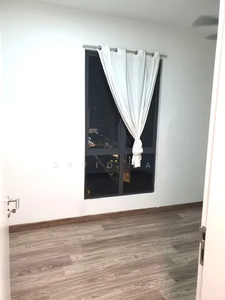 Room features: white painted walls, laminate flooring, floor-to-ceiling window, sheer curtains, city view; view: city.